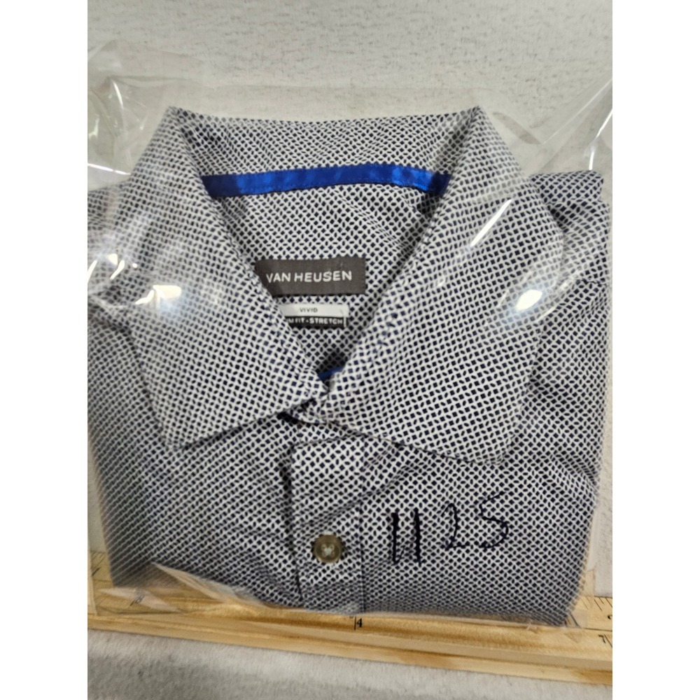 Van Heusen Men Vivid Slim Fit Stretch Shirt Geometric Print Navy White L 16-16.5 - Picture 12 of 12